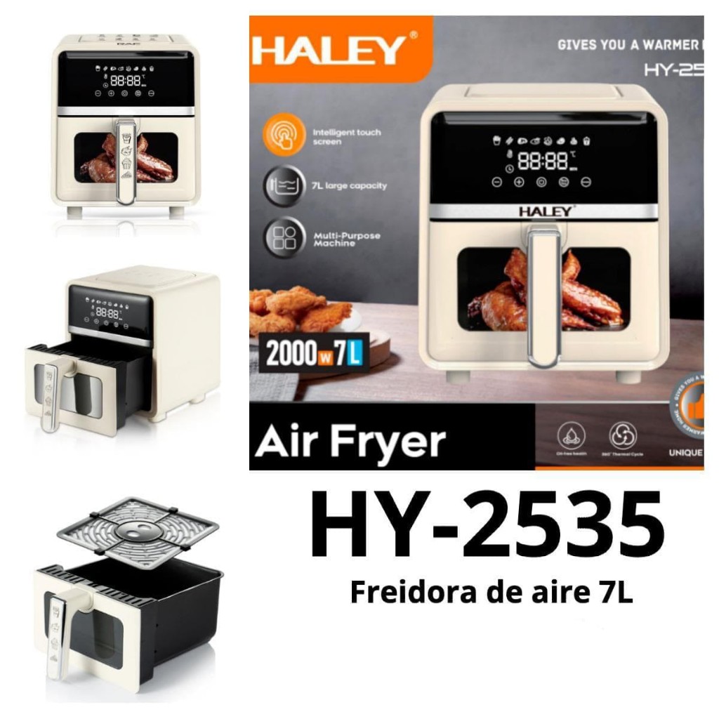 Freidora de aire Haley HY-2535 .Cuenta con una capacidad de 7 litros y una potencia de 2000W.Incluye una pantalla táctil inteligente para controlar los modos de cocción.La máquina ofrece tecnología de circulación de aire de 360 grados para cocinar sin aceite.