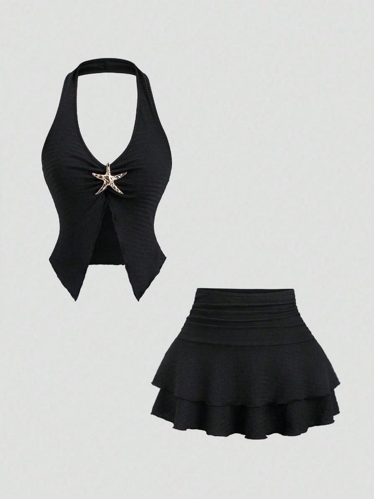 Sweetra Conjunto de 2 piezas con top corto con escote en V sin espalda y minifalda con decoración de botones de metal vintage, informal para vacaciones, citas, estilo europeo y americano