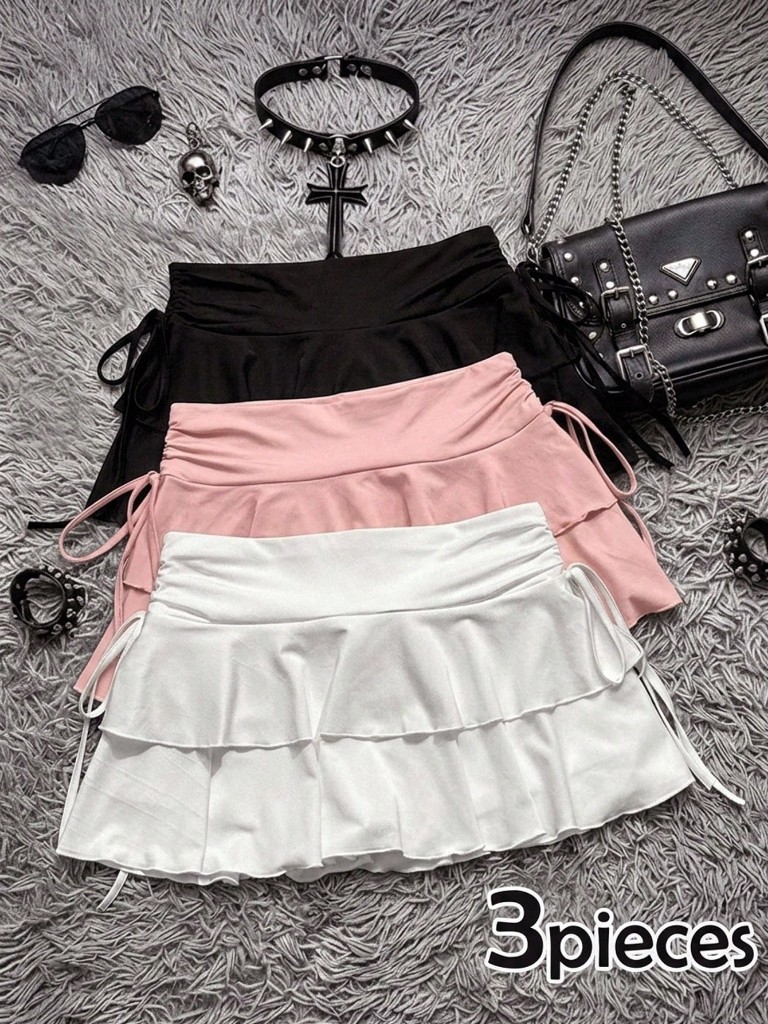 Attitoon Juego de 3 piezas Falda casual minimalista con cintura fruncida línea A para mujer en negro, blanco, marrón, adecuada para conciertos, cruceros, falda chic de club