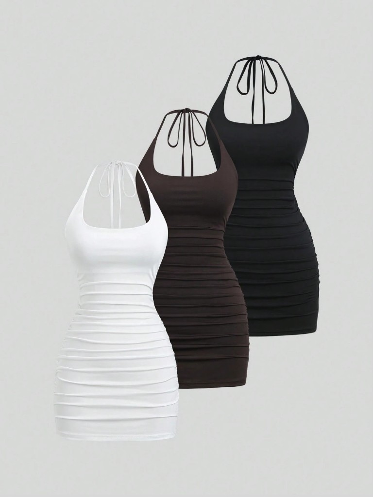 Sweetra Conjunto de 3 piezas para mujer, vestido mini de color liso, estilo europeo y americano, nuevo lanzamiento, ajuste ceñido favorecedor, cuello halter, dulce y sexy Y2K, elegante para uso diario, oficina, casual y fitness, versátil, en negro, blanco y marrón