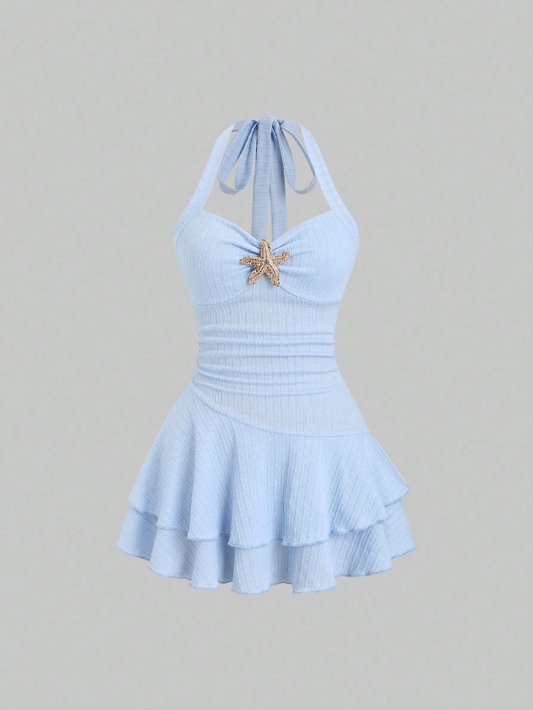Sweetra Vestido mini divertido con cuello halter, frente con lazo, tela texturizada, decoración metálica y volantes en el bajo, adecuado para playa y vacaciones, elegante para primavera y verano