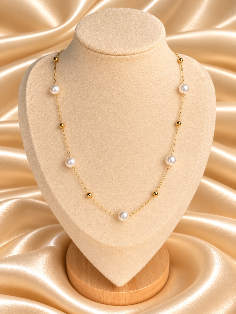 Cadena perlas y balines dorados