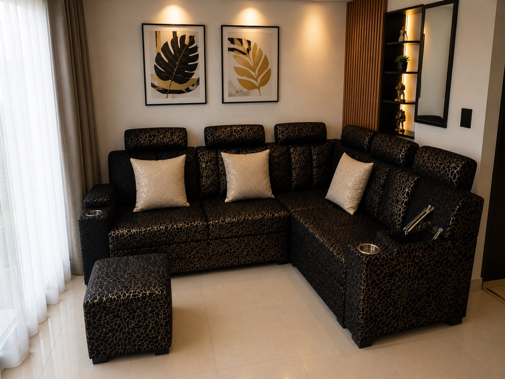Sala Esquinera Premium – Elegancia en Negro y Dorado