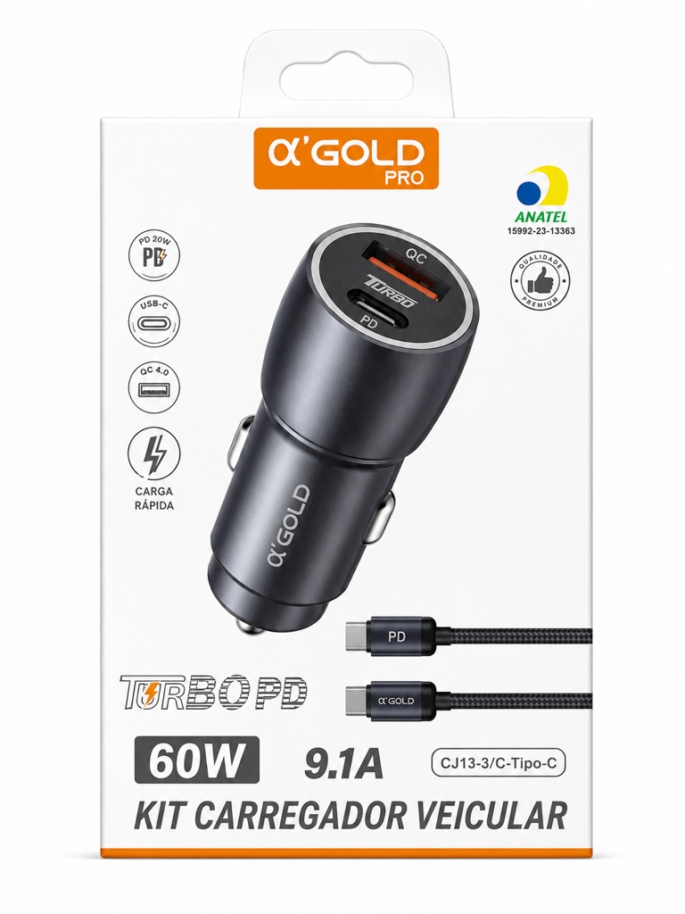 Carregador veicular tipo c/c 60w CJ13-3 Agold