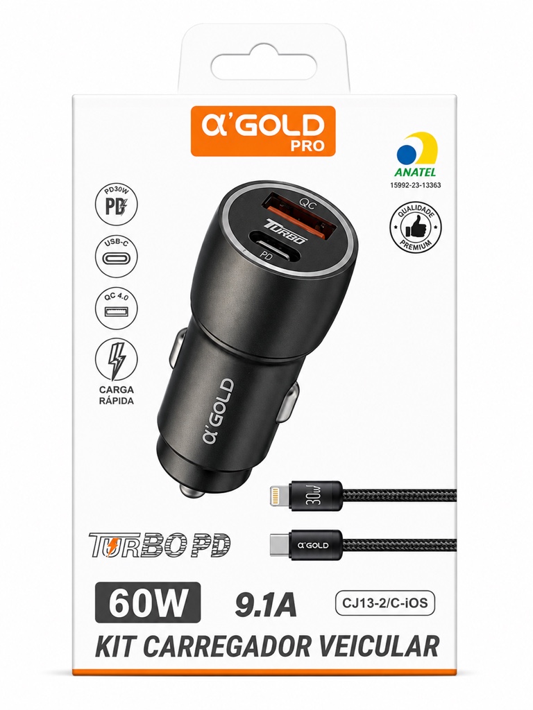 Carregador veicular tipo c/ios  60w Agold CJ13-2