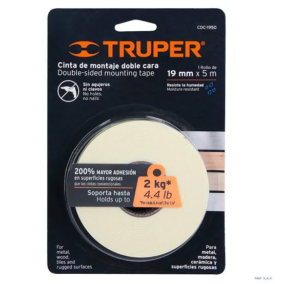 Cinta adhesiva doble cara 5mts Truper 11725 PEGA DOBLE