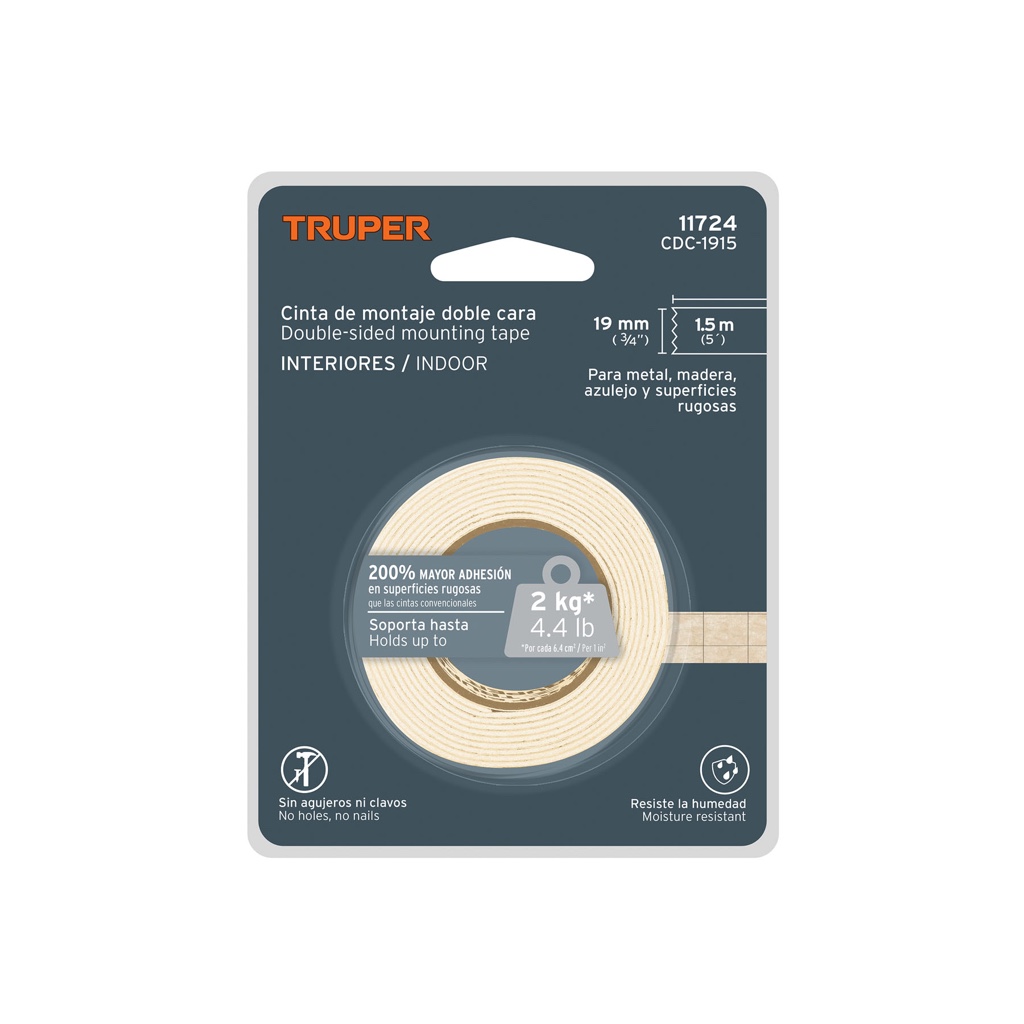 Cinta adhesiva d/cara 3/4" x 1.5mts Truper 11724 PEGA DOBLE