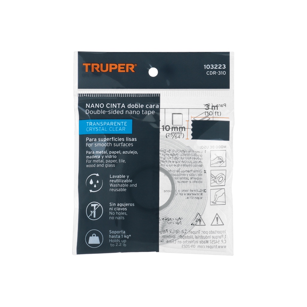Cinta adhesiva doblecara 10mmx 3mts transparente Truper 103223 PEGA DOBLE
