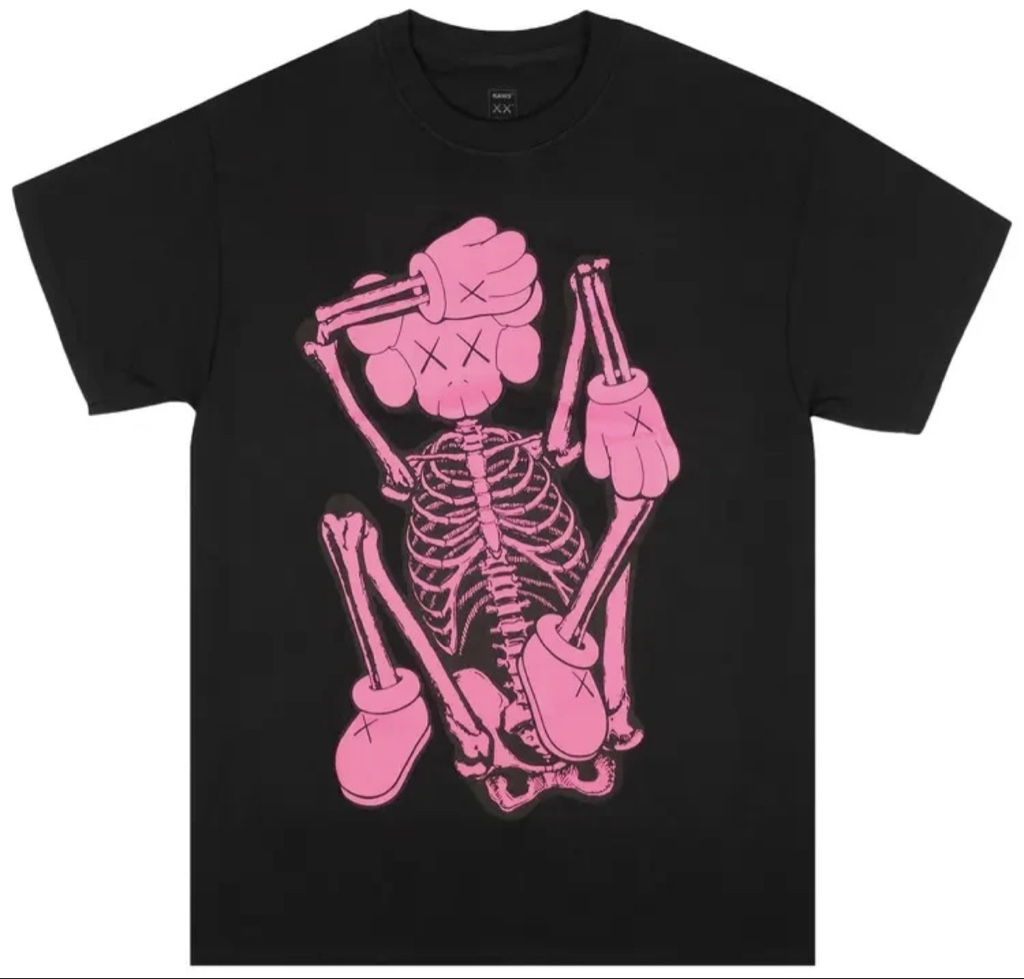 KAWS Skeleton New Fiction Tee – Black/Pink