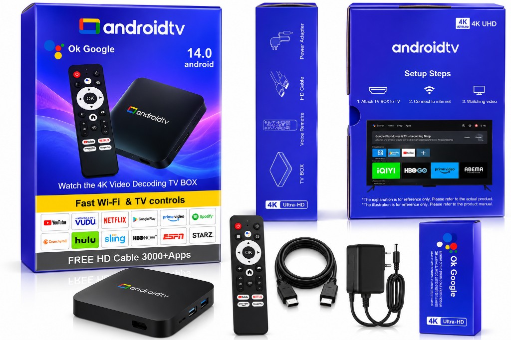 TV Box Android 14 4K UHD WiFi Google Assistant Control Remoto