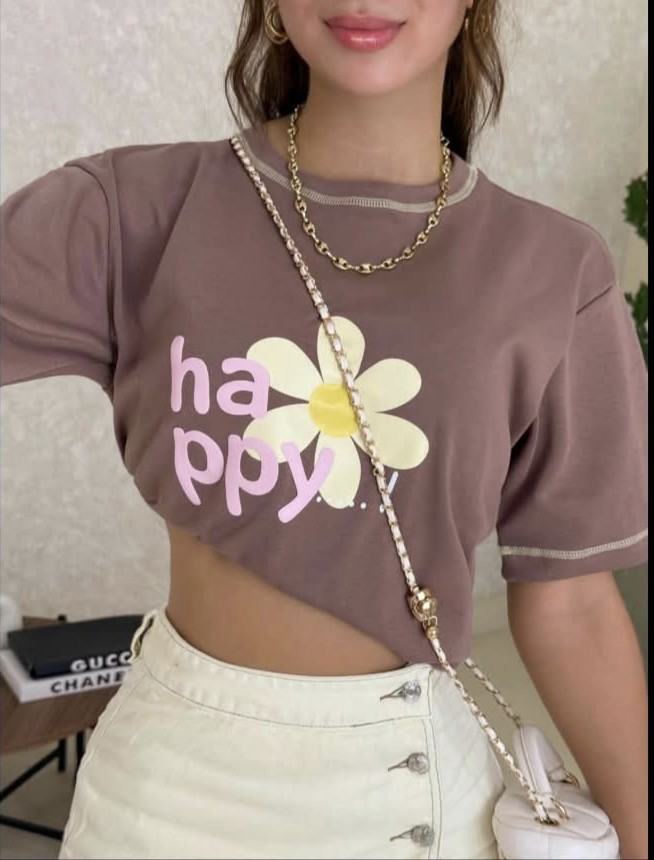 Camiseta Oversized Happy Flower Taupe