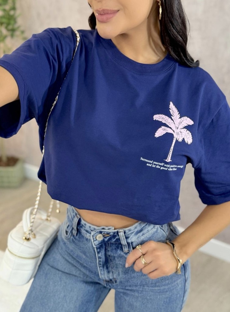 Camiseta Oversized Palma Azul Oscuro