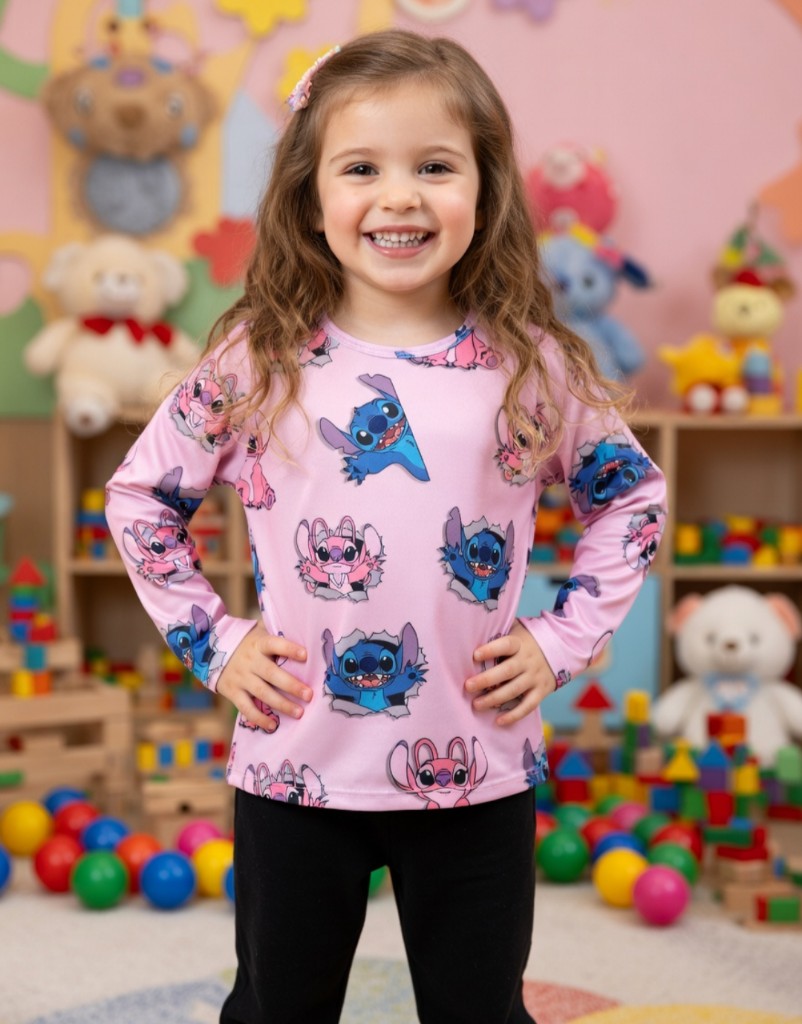 Remera infantil térmica STITCH Y ANGELA CARAS