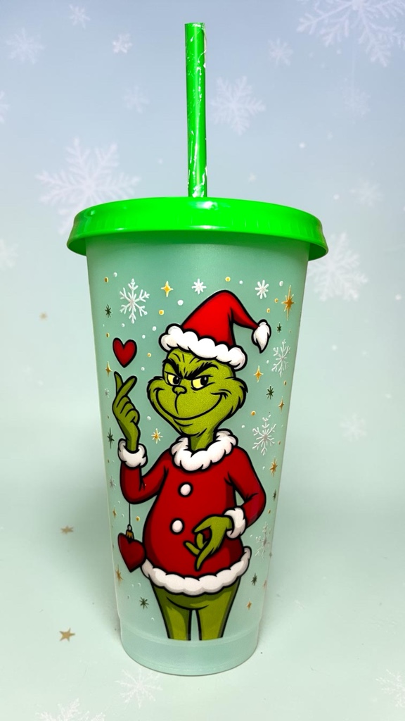 Vaso plástico navideño con tapa y bombilla verde, diseño Grinch