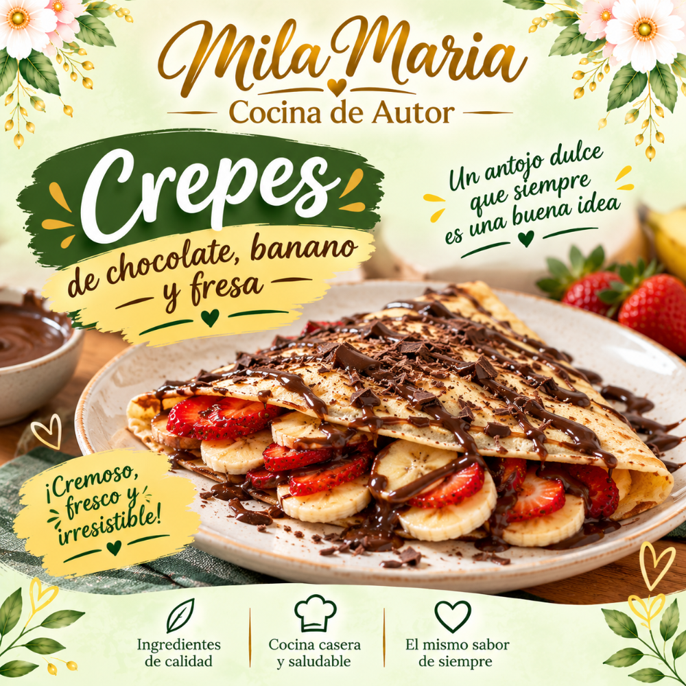 Crepes de chocolate, banano y fresa