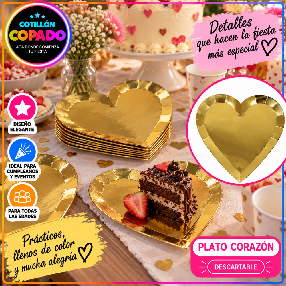 PLATO CORAZON DORADO X 10 Uds
