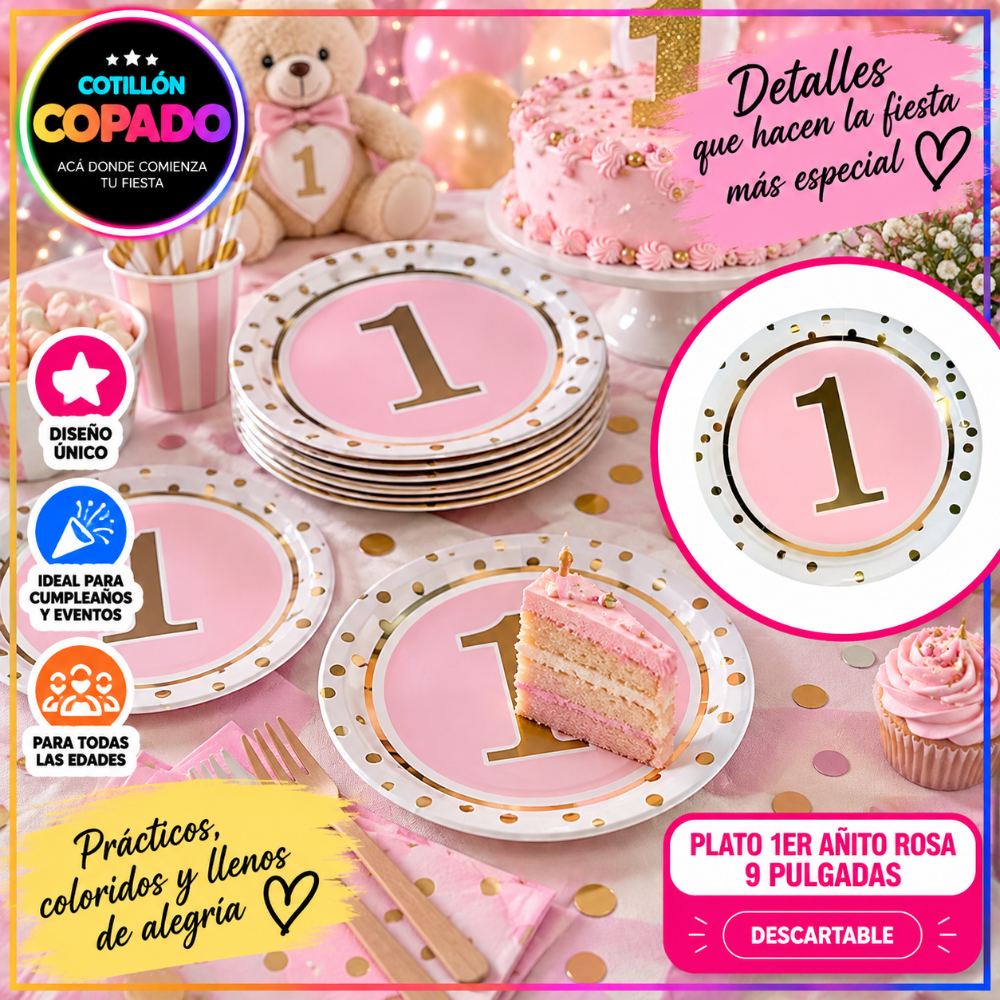 PLATO PRIMER AÑITO ROSA 9" X 10 Uds