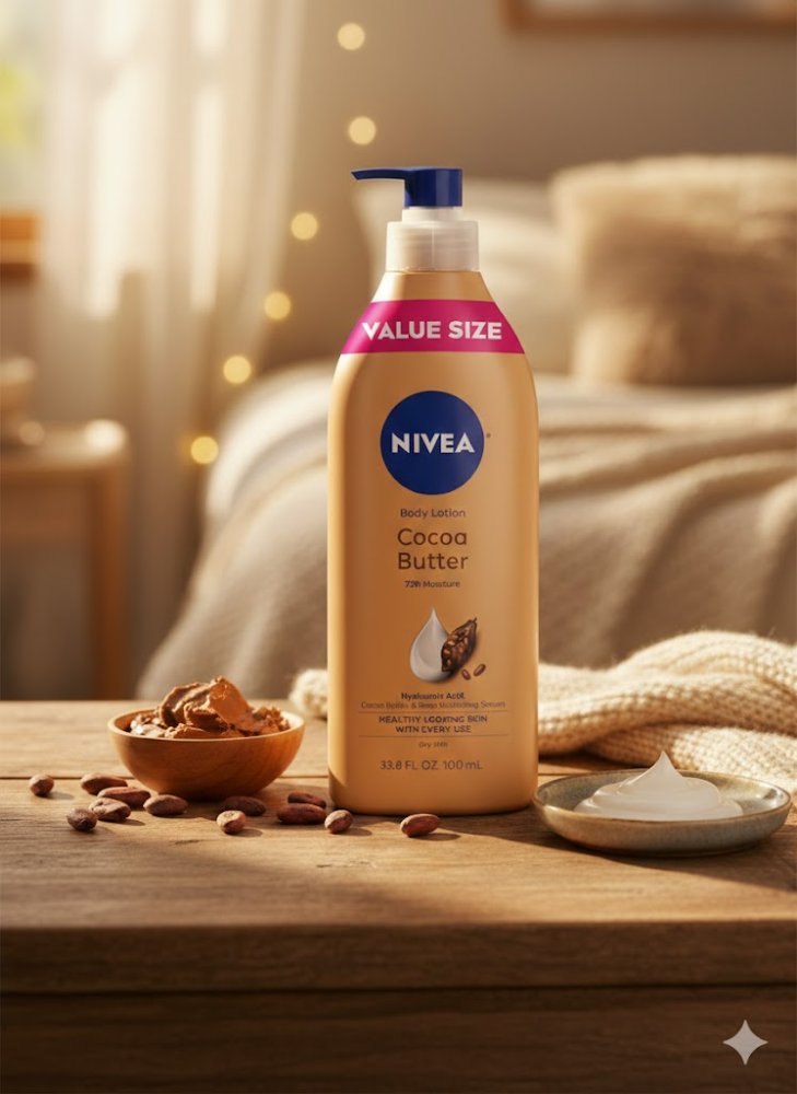 Nivea Locion Corporal Hidratante de Cacao con acido hialuronico.