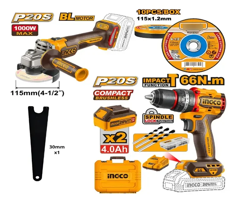 Kit Ingco Amoladora y Taladro atornillador 66nm, dos baterias 4ah
