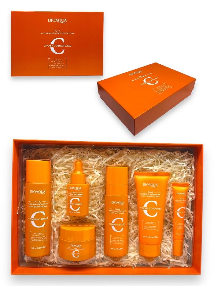 KIT CUIDADO FACIALX6 PCS VITAMINA C BIOAQUA CONTIENE CREMA HIDRATANTE, CONTORNO, SERUM, JABON LIQUIDO, TONICO Y LOCION