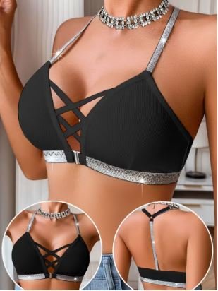 TOP NEGRO CON BORDES BRILLANTES TALLA L