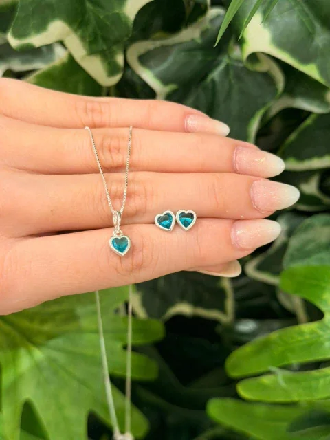 CONJUNTO PONTO LUZ CORAÇÃO VERDE ÁGUA 6MM