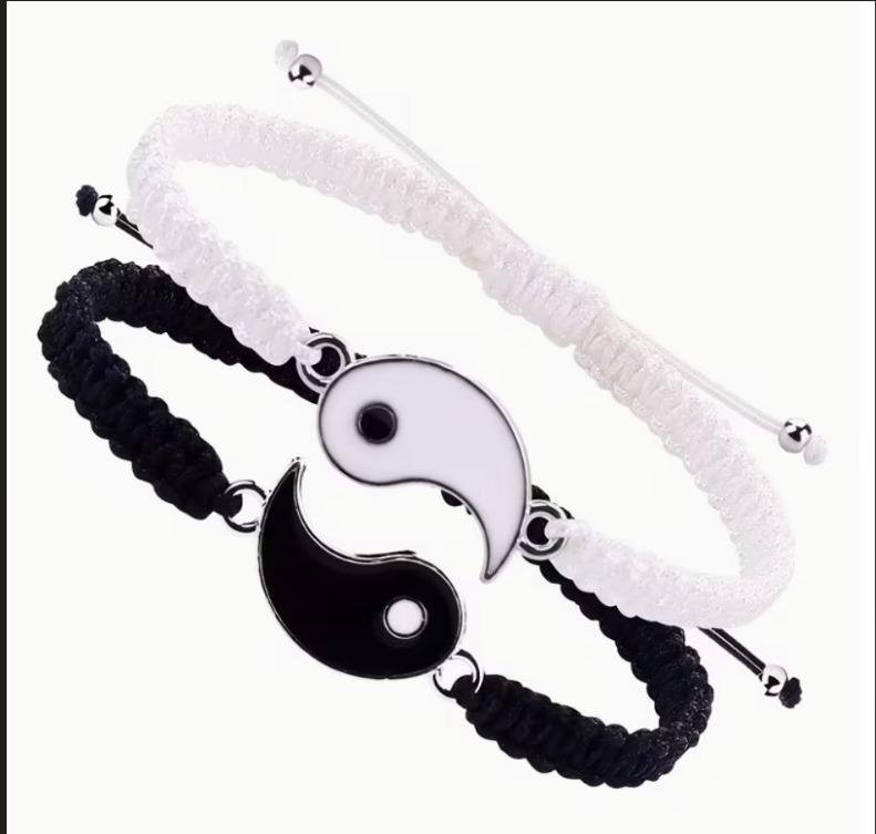 PULSERA  DE PAREJA GIN JAN TEJIDA NEGRO Y BLANCO