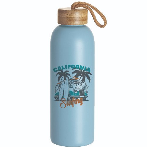 BOTELLA DE VIDRIO CELESTE CON TAPA DE BAMBU 750 ML