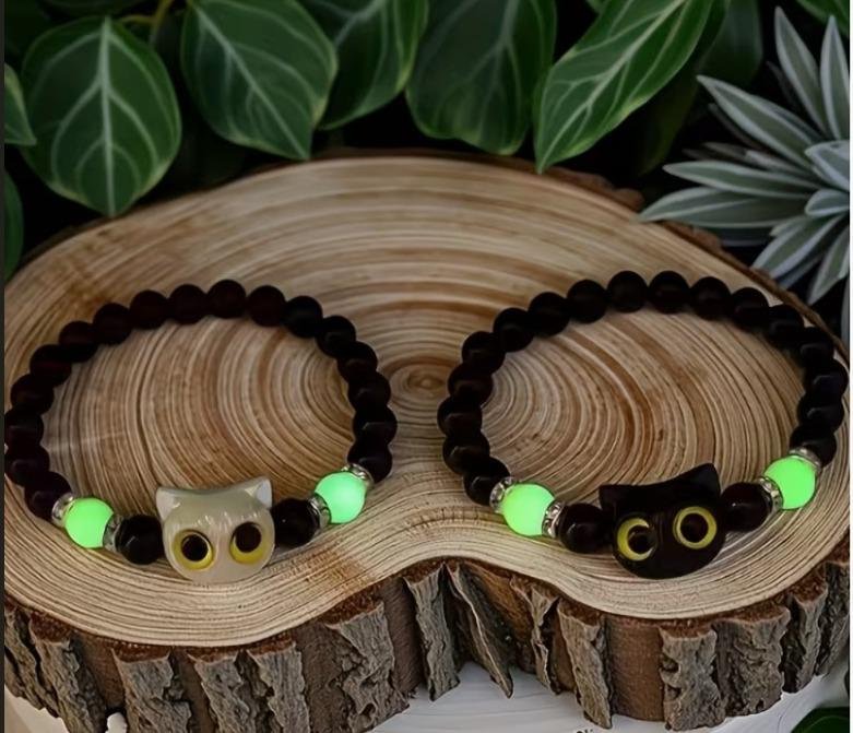 PULSERA DE PAREJA ABALORIO GATITO  NEGRAS