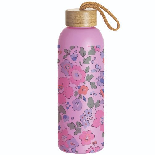 BOTELLA DE VIDRIO ROSADA CON TAPA DE BAMBU 750 ML
