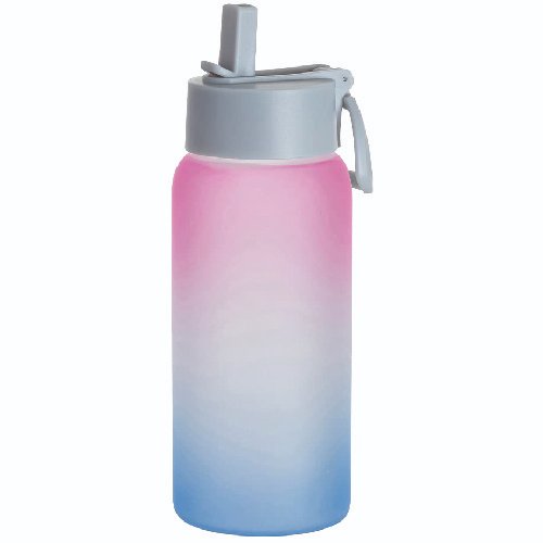 BOTELLA DE VIDRIO GLASEADO PAJILLA ROSADO Y AZUL 750 ML