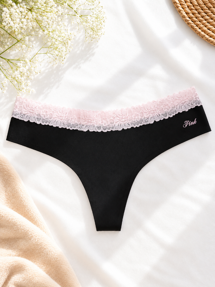 Ropa interior Hipster Negro Encaje Rosa Talla M