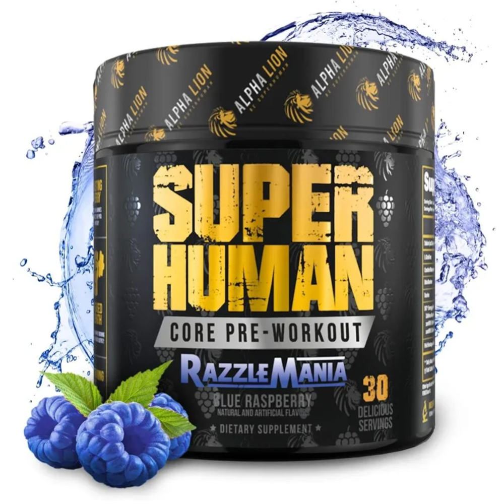 ALPHA LION SUPER HUMAN CORE PRE WORKOUT 300G 30 SERVINGS RAZZTLE MANIA BLUE RASPBERRY