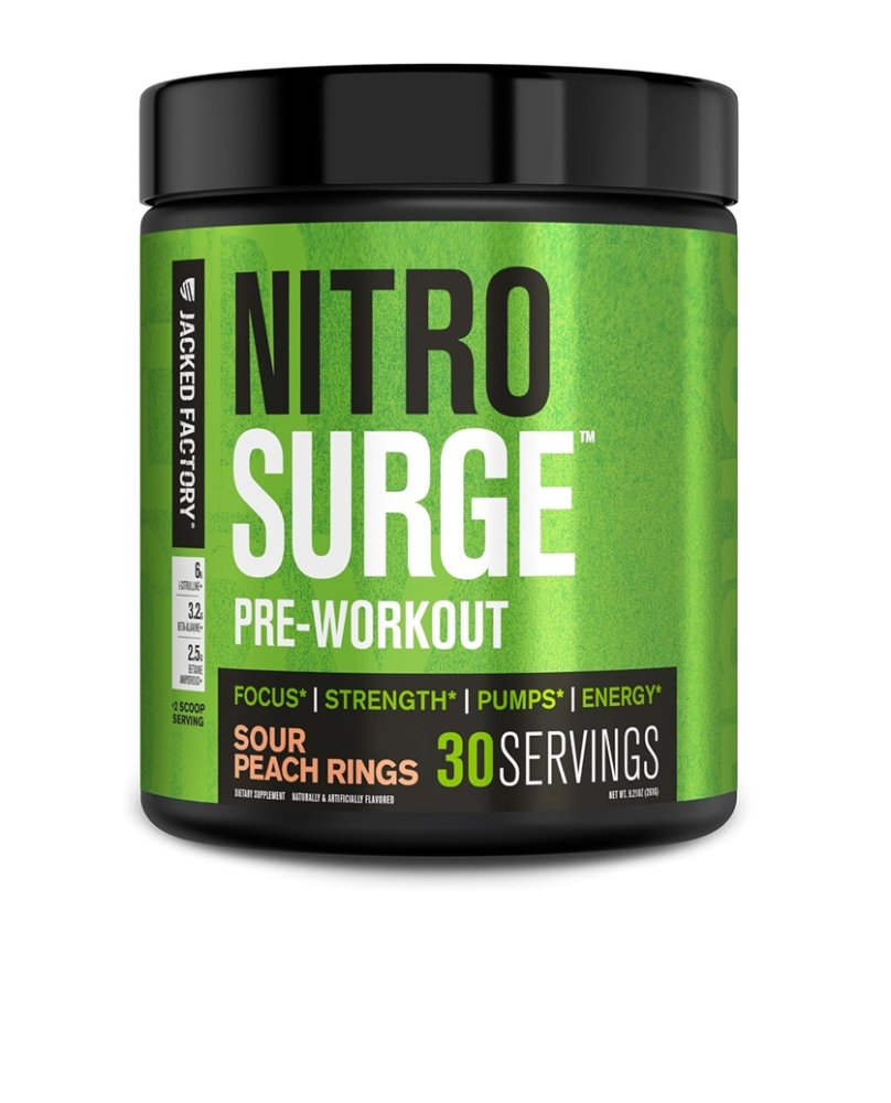 JACKED FACTORY PRE WORKOUT NITRO SURGE SOUR PEACH RINGS 261G 30 SERVINGS