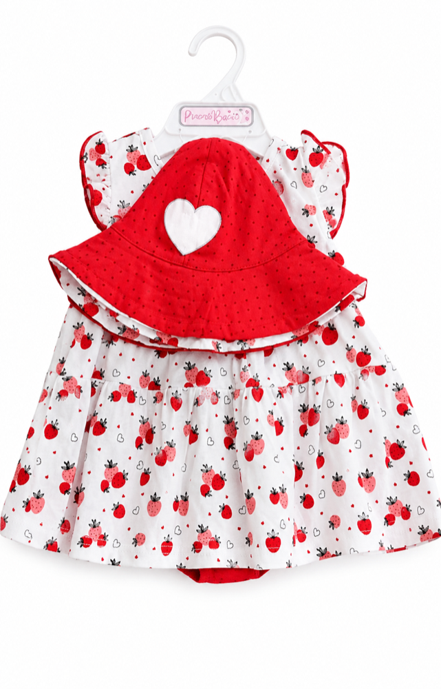 Vestido blanco con fresas y sombrero 18 meses