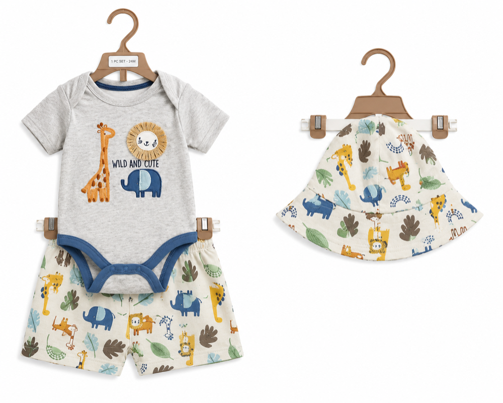 Set body,short y gorro de animales 0-3 meses