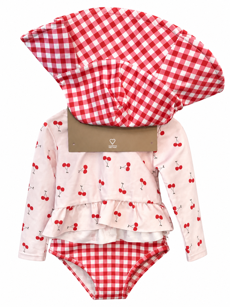 Traje de baño 2 piezas y gorro cherrys 12 meses