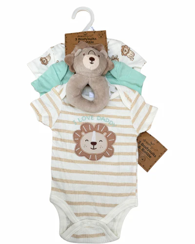 Set de 3 bodys y sonajero de Leon 0-3 Meses