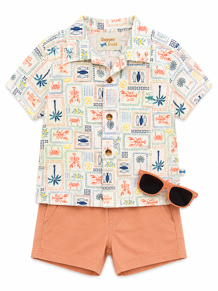 Camisa tonos playeros y short naranja  con lentes 12 meses
