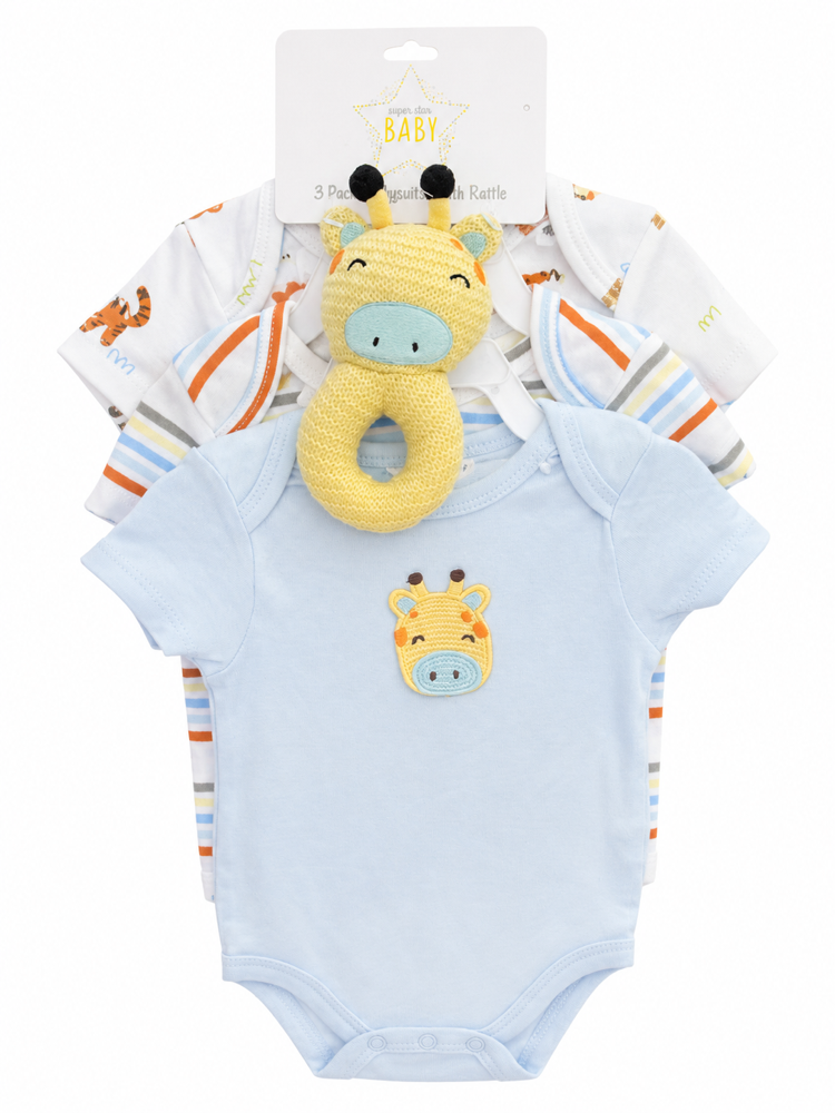 Set de 3 mamelucos de jirafa y sonajero 6-9 meses