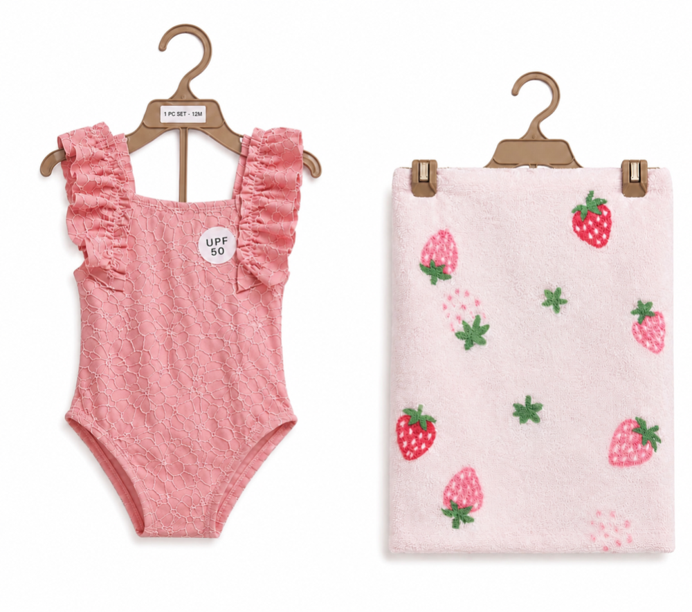 Traje de baño con toalla de fresas 12meses