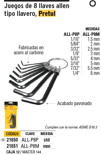 JUEGO 8 LLAVE ALLEN  STANDAR PRETUL ALL-P8P