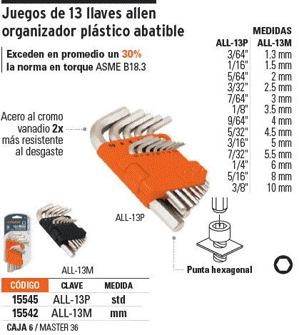 JUEGO DE LLAVE HEXAGONALES 13 PCS MILIMETRICAS 15542