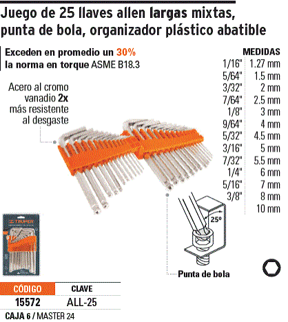 JUEGO DE LLAVE ALLEN LARGAS 25 PCS 15572 TRUPER