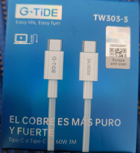 cable g tide TW303-3  tipo - c a tipo- c 3A 60w. 3m