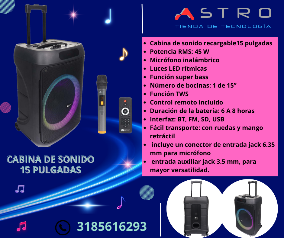 CABINA DE SONIDO BLUETOOTH BT 15"  + MICROFONO  FULL SONIDO POTENTE BAJO LUCES RGB RITMICAS.