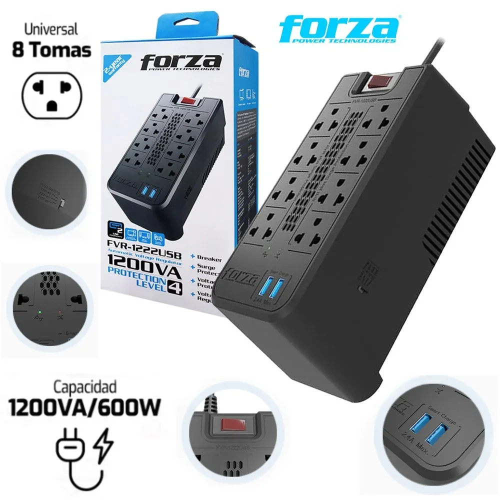ESTABILIZADOR 1200VA x8 FORZA FVR-1222USB