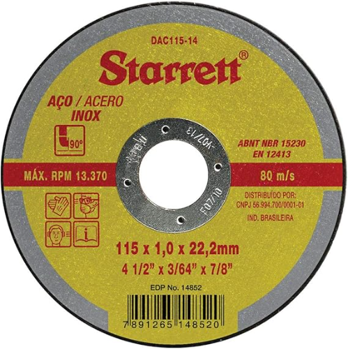 Disco Abrasivo de Corte, Diâmetro Externo 115mm, Furo 22,23mm, Espessura 1mm R