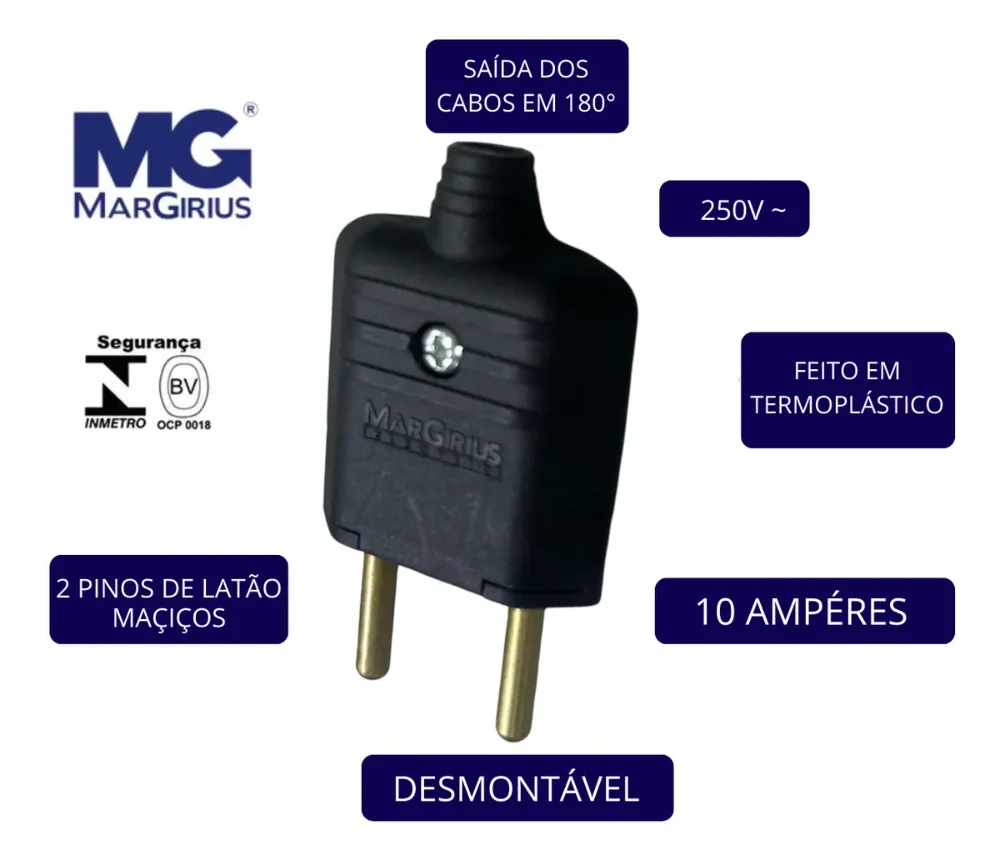 Plugue Macho 2p 10a 180º Preto Margirius