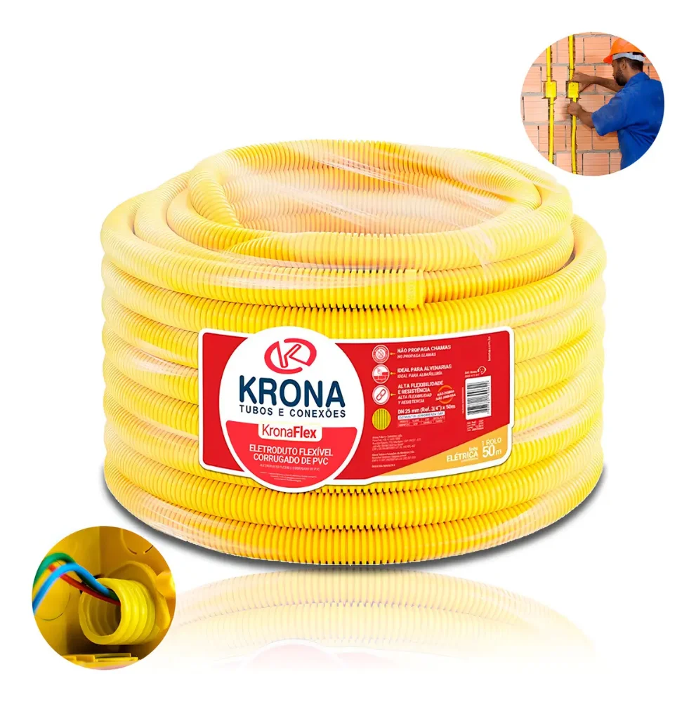 Conduíte Eletroduto Corrugado Leve 3/4 Amarelo Krona